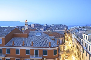 View Over Corfu Old Town With Agios Spyridon at Dusk, Corfu Old Town, Corfu, The Ionian Islands