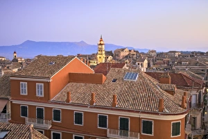 Kerkyra Prints: View Over Corfu Old Town With Agios Spyridon at Dusk