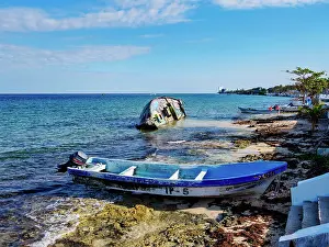 Motorboats Prints: View towards the Cultura Calle Shipwreck at the waterfront of San Miguel de Cozumel