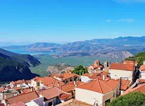 Central Greece Prints: View over Delphi Town and Pleistos River Valley towards the Gulf of Corinth