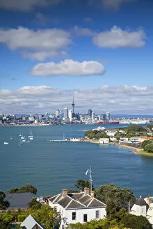 View of Devonport and Auckland skyline from North Head, Auckland, North Island, New