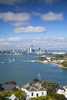 View of Devonport and Auckland skyline from North Head, Auckland, North Island, New View of Devonport and Auckland skyline from North Head, Auckland, North Island, New