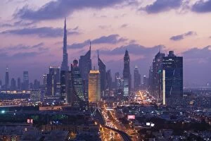 View of downtown Dubai at dusk, United Arab Emirates, U.A.E