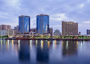 View over Dubai Creek towards Deira at dawn, Dubai, United Arab Emirates