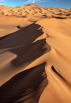 Erg Chebbi Prints: View over the dunes of the Erg Chebbi sand sea, Sahara Desert, near Merzouga, Morocco