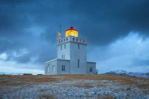 Blue Hour Prints: View of the Dyrholaey lighthouse, Vik I Myrdal Sudurland, south Iceland, Iceland, Europe
