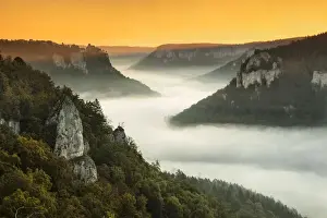 View from Eichfelsen Rock on Schloss Werenwag Castle and Danube Valley, Swabian Jura, Baden-Wurttemberg, Germany