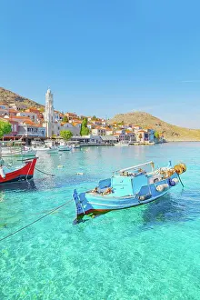 Emporio Prints: View of Emporio harbour and Saint Nicholas church in the distance