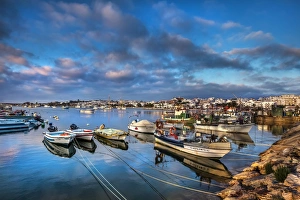 View from fishing harbour towards old town, Lagos, Algarve, Portugal