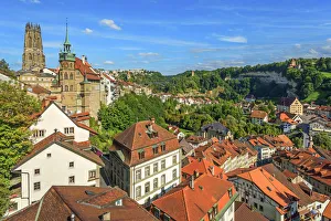 City Hall Prints: View over Fribourg with cathedral and town hall, Fribourg, Switzerland
