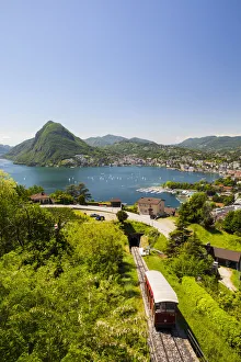 View over Funicular Railway and Lugano from Monte Bre, Lake Lugano, Ticino, Switzerland