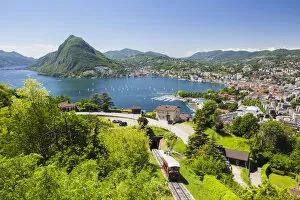 View over Funicular Railway and Lugano from Monte Bre, Lake Lugano, Ticino, Switzerland