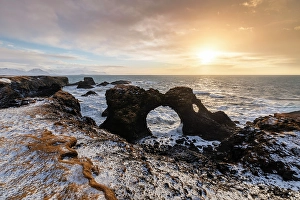 Snaefellsness Prints: View of the Gatklettur rock arch at sunrise in winter