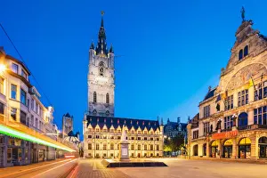 Belgium Prints: View of Ghent Belfort (beffroi) and Monument Jan Frans Willems by night, Belgium
