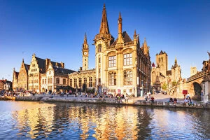 City Square Gallery: View of Ghent river with the waterfront buildings reflecting in the water canal, Belgium