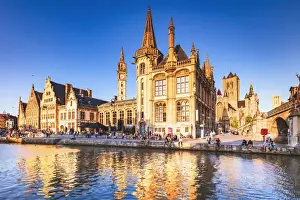 Gand Prints: View of Ghent river with the waterfront buildings reflecting in the water canal, Belgium