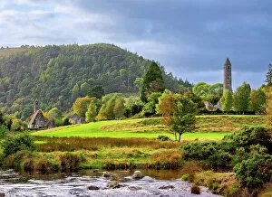 Grassland Collection: View over Glendasan River towards St. Kevin's Church and The Round Tower at sunset