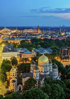 Latvian Prints: View over the Golden Domes of the Nativity of Christ Orthodox Cathedral towards the Old Town