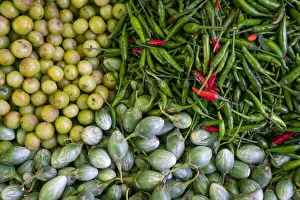 Abundance Gallery: Top view of gooseberry, chili peppers and baby eggplant at local market, Lake Inle