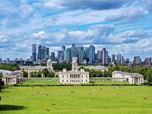 View over Greenwich Park towards Queen's House, Old Royal Naval College and Canary Wharf, Greenwich, London, England, United Kingdom