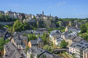 View at Grund, Alzette valley, Eglise St. Michel, Bock Kasematten and NeumAonster abbey