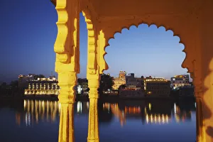 Southern Rajasthan Prints: View of Hanuman Ghat on Lake Pichola at dusk, Udaipur, Rajasthan, India