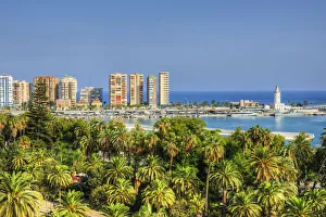Costa Del Sol Prints: View at harbour with lighthouse, Malaga, Costa del Sol, Andalusia, Spain