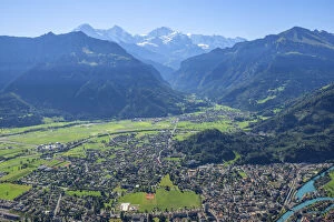 Images Dated 1st September 2021: View from Harder Kulm at Interlaken and Eiger, Monch and Jungfrau, Berner Oberland, Canton Berne