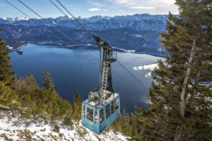 View from Herzogstand mountain to lake Walchensee with Herzogstandbahn, Kochel am See View from Herzogstand mountain to lake Walchensee with Herzogstandbahn, Kochel am See