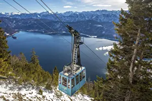 Bavarian Prints: View from Herzogstand mountain to lake Walchensee with Herzogstandbahn, Kochel am See