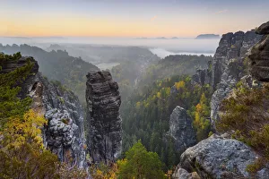 East Germany Prints: View of the Hoellenhund rocks in the Elbe Sandstone Mountains