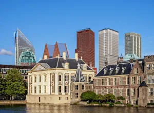 View over Hofvijver towards Mauritshuis Art Museum and City Center, The Hague, South
