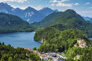 View over Hohenschwangau village on left and Hohenschwangau castle on right, Schwangau