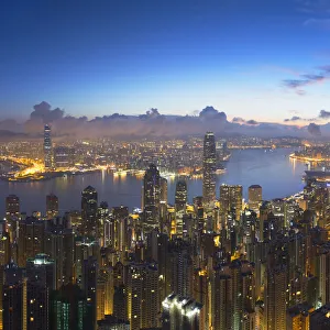 View of Hong Kong Island skyline at dawn, Hong Kong, China