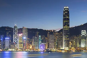 View of Hong Kong Island skyline at dusk, Hong Kong, China