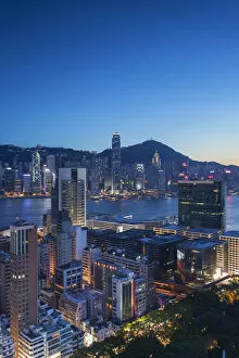 View of Hong Kong Island and Tsim Sha Tsui skylines at dusk, Hong Kong