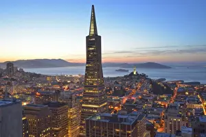 San Francisco Prints: View from hotel Mandarin Oriental towards Transamerica Puramid and Coit Tower