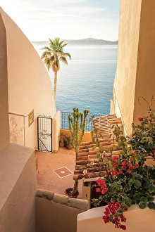 Winding Prints: View through the houses of Cala Fornells to the sea, Mallorca, Balearic Islands, Spain