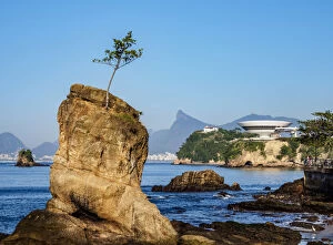 View over Icarai Rocks towards Niteroi Contemporary Art Museum MAC, Boa Viagem Island