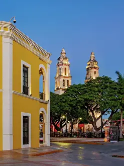 Yucatan Prints: View over the Independence Square towards the Our Lady of the Immaculate Conception Cathedral at dusk