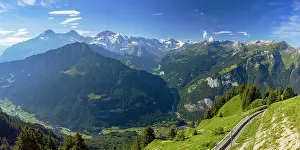 View of Jungfrau, Monch and Eiger mountains from Schynige Platte, Jungfrau Region, Bernese Oberland, Switzerland