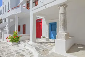 View of Kastro village including an ancient Greece column, Kastro, Sifnos Island, Cyclades Islands, Greece