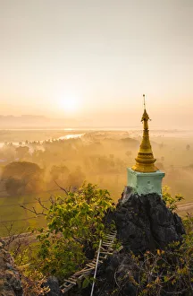 View from Kaw Gon Pagoda at dawn, Hpa-an, Kayin State. Myanmar, Asia