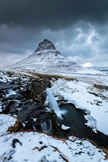 Kirkjufell Prints: View of Kirkjufell mount at sunset in winter