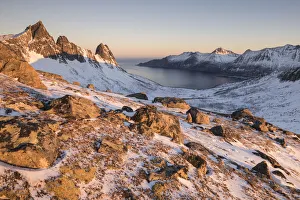 View of Korkedalen valley during sunrise, Hesten, Fjordgard, Mefjorden, Senja, Norway