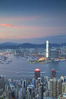 View of Kowloon, Hong Kong Island and International Commerce Centre (ICC) at sunset
