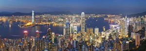 Kowloon Gallery: View of Kowloon and Hong Kong Island from Victoria Peak at dusk, Hong Kong