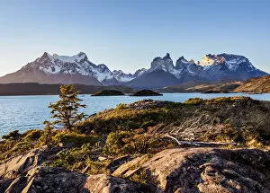 View over Lake Pehoe towards Paine Grande and Cuernos del Paine, sunset, Torres del