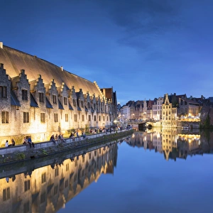 View of Leie Canal at dusk, Ghent, Flanders, Belgium