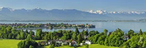 View over Lindau and Lake Constance to the Swiss Alps, Bayern, Deutschland